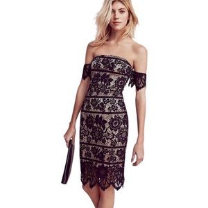 Express Black Overlay Striped Lace Off Shoulder Sheath Cocktail Dress Sz 0